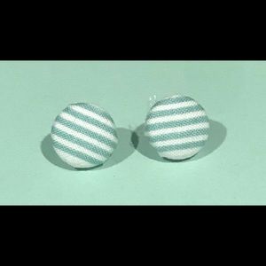 Teal/White Striped Fabric Button Earrings